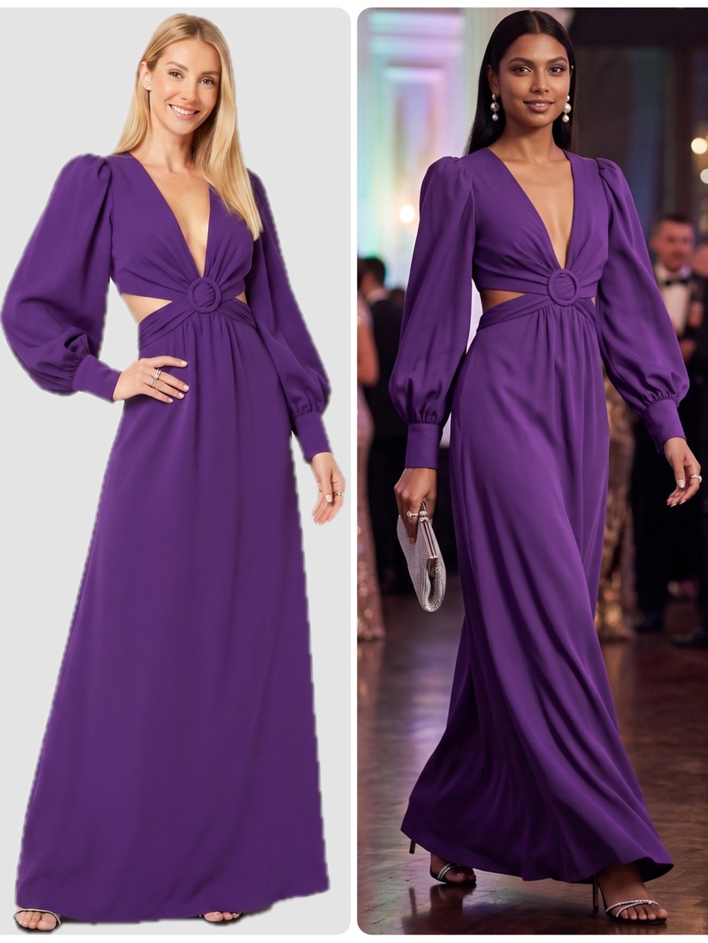 One33 Social Purple V-Neck Long Sleeve Ring Cutout Gown Maxi Dress NWT $498